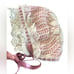 Handmade VTG Ecru Crochet Baby Bonnet Lined Satin Ruffle Pink Satin Ties Newborn
