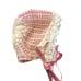 Handmade VTG Ecru Crochet Baby Bonnet Lined Satin Ruffle Pink Satin Ties Newborn