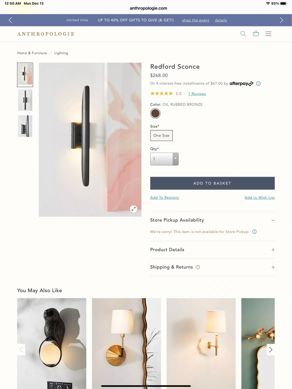 Anthropologie sconce - Redford bronze color