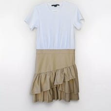 Veronica Beard Jeans Noha Ruffle Skirt T Shirt Dress White and Tan Size Medium