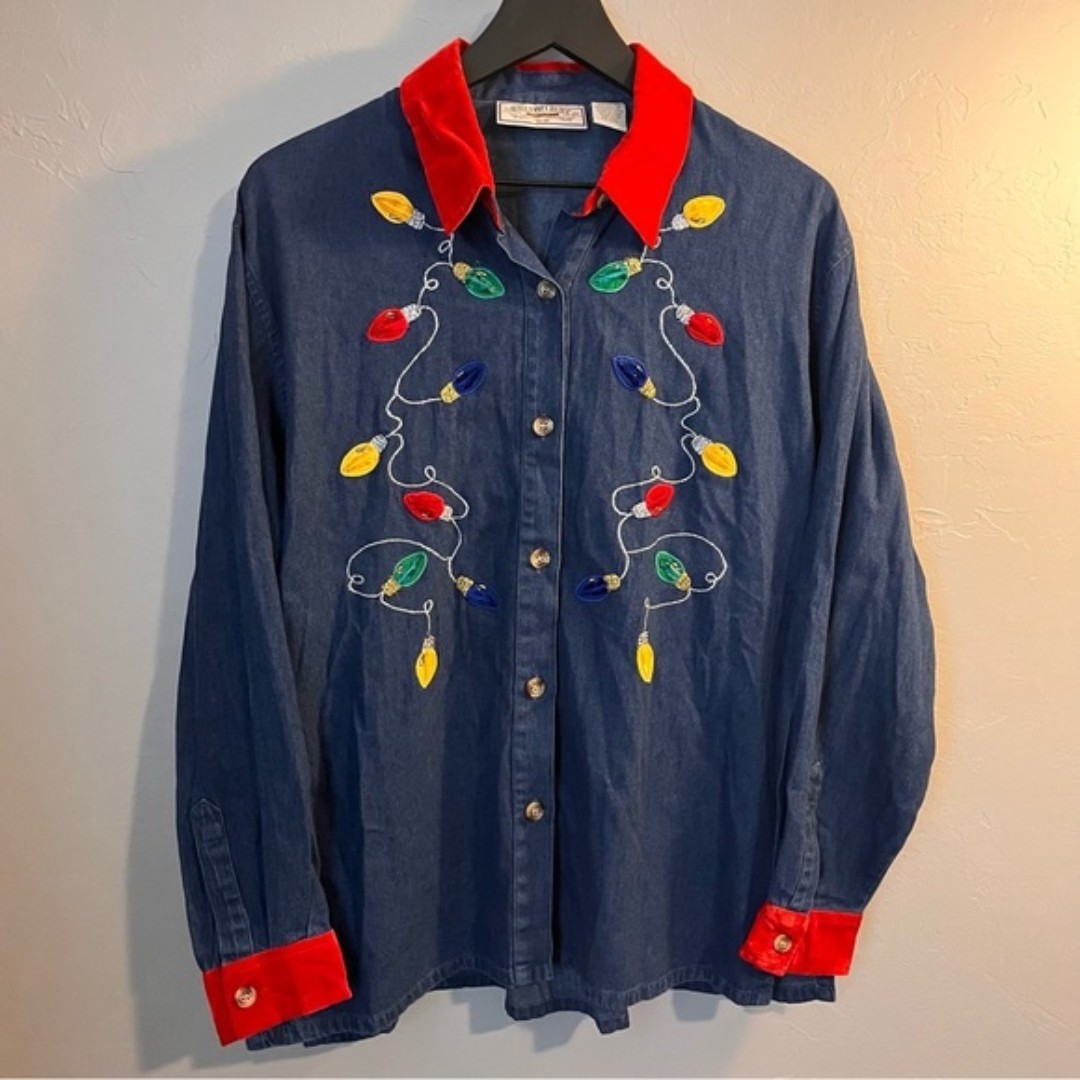 Vintage Christmas Light Denim Blouse