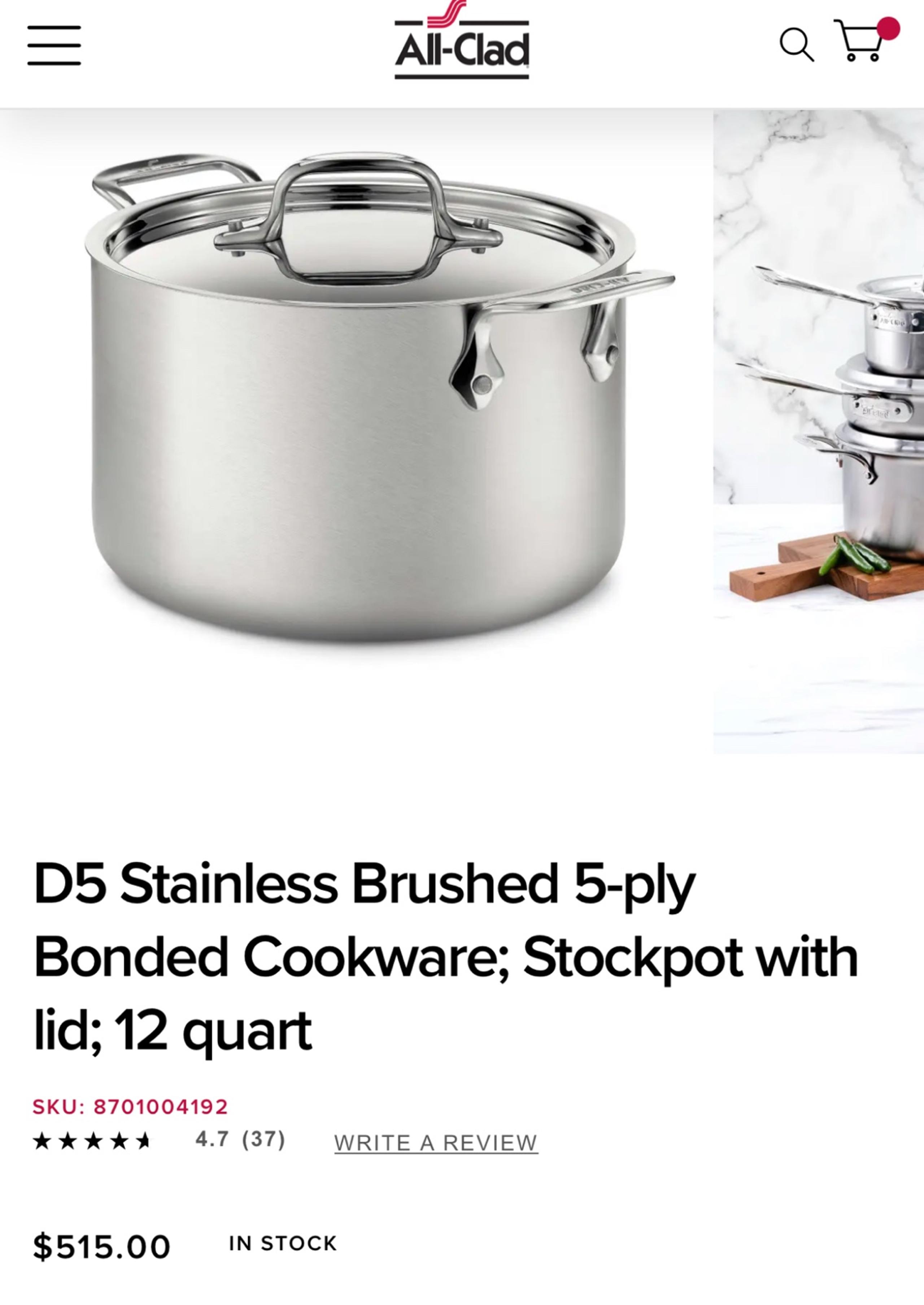 D5 Stainless Brushed 5-ply Bonded Cookware; Stockpot with lid; 12 quart