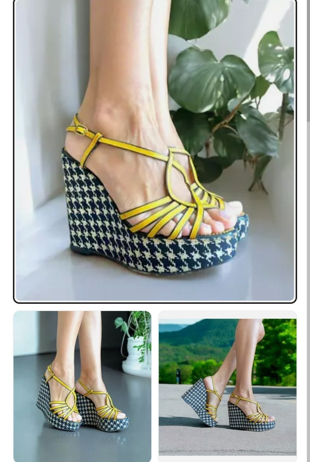YSL yellow leather houndstooth satin wedge heels sandals