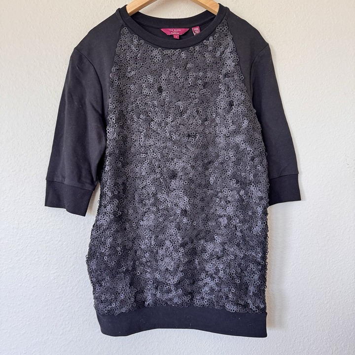 Ted Baker Sequin Panel Sweater 3D Black Size 2 Crewneck New With Tags