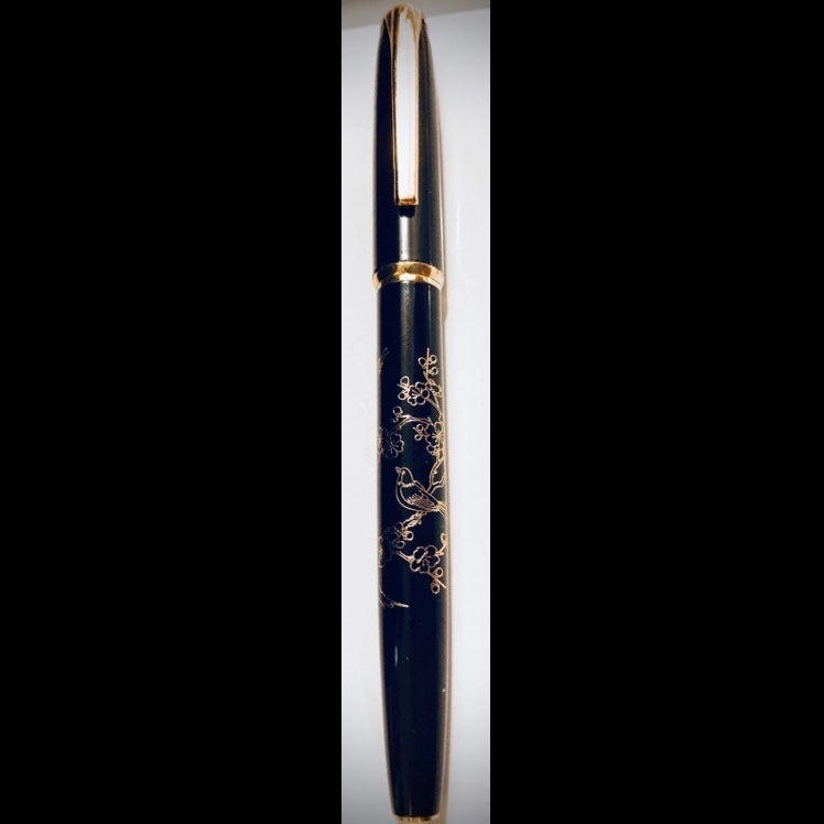 Black Fountain Pen with Metallic Inlay, Birds and Blossoms