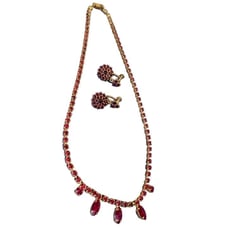 Czech 1880-90Antique handmade Bohemian Garnet necklace crystalcup&screw earrings