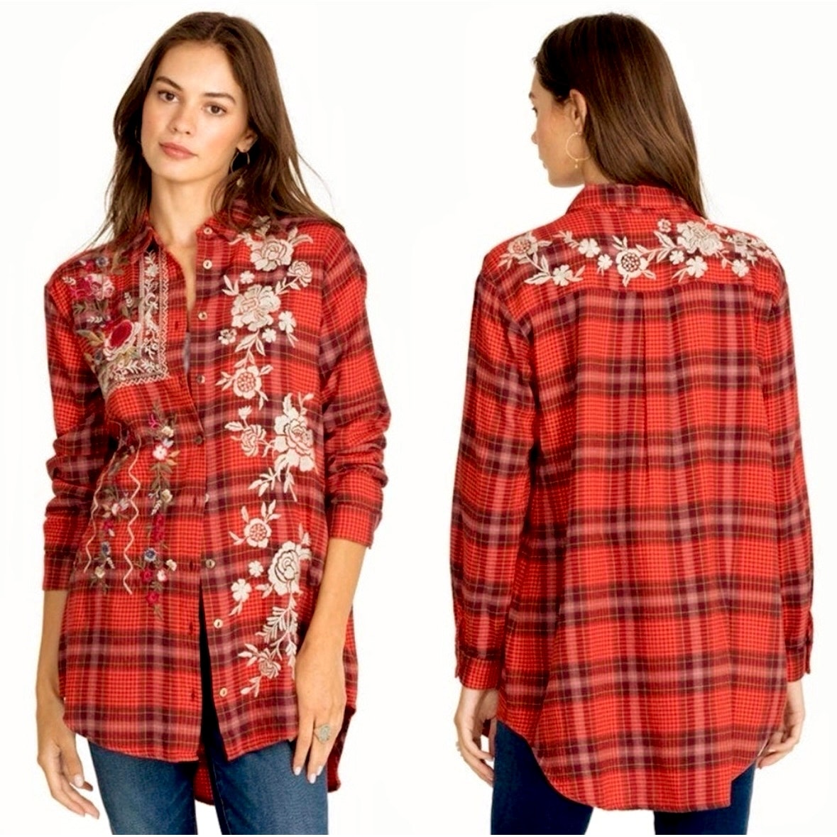 Johnny Was Workshop Women's Size XS Roma Embroidered Plaid Button Up Top Boho