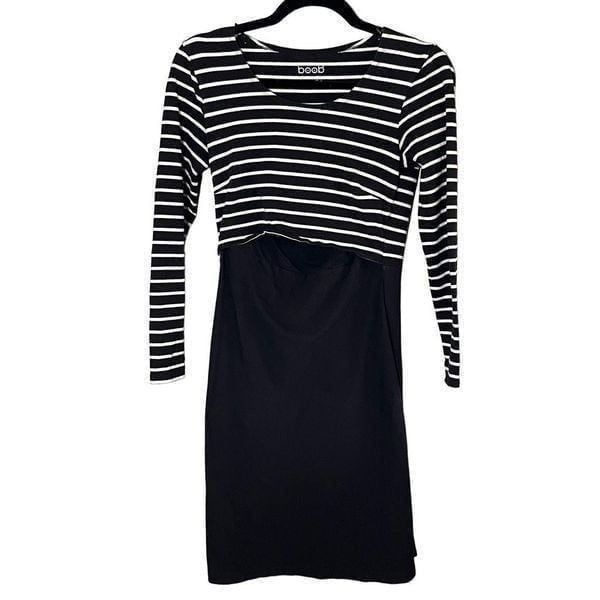 Boo b Women's Black And White Stripe Long Sleeve Nursing Dress Size S