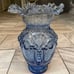 Vintage Victorian Large Hand Blown Blue Glass Vase Ruffled Rim Embossed 12