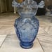 Vintage Victorian Large Hand Blown Blue Glass Vase Ruffled Rim Embossed 12