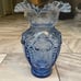 Vintage Victorian Large Hand Blown Blue Glass Vase Ruffled Rim Embossed 12