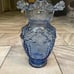 Vintage Victorian Large Hand Blown Blue Glass Vase Ruffled Rim Embossed 12