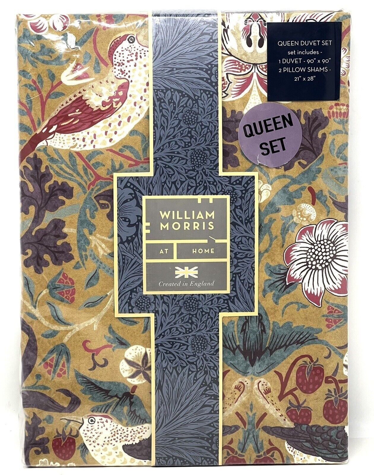 William Morris Strawberry Thief QUEEN Duvet Cover Set OCHRE Gold *NEW IN PACKAGE