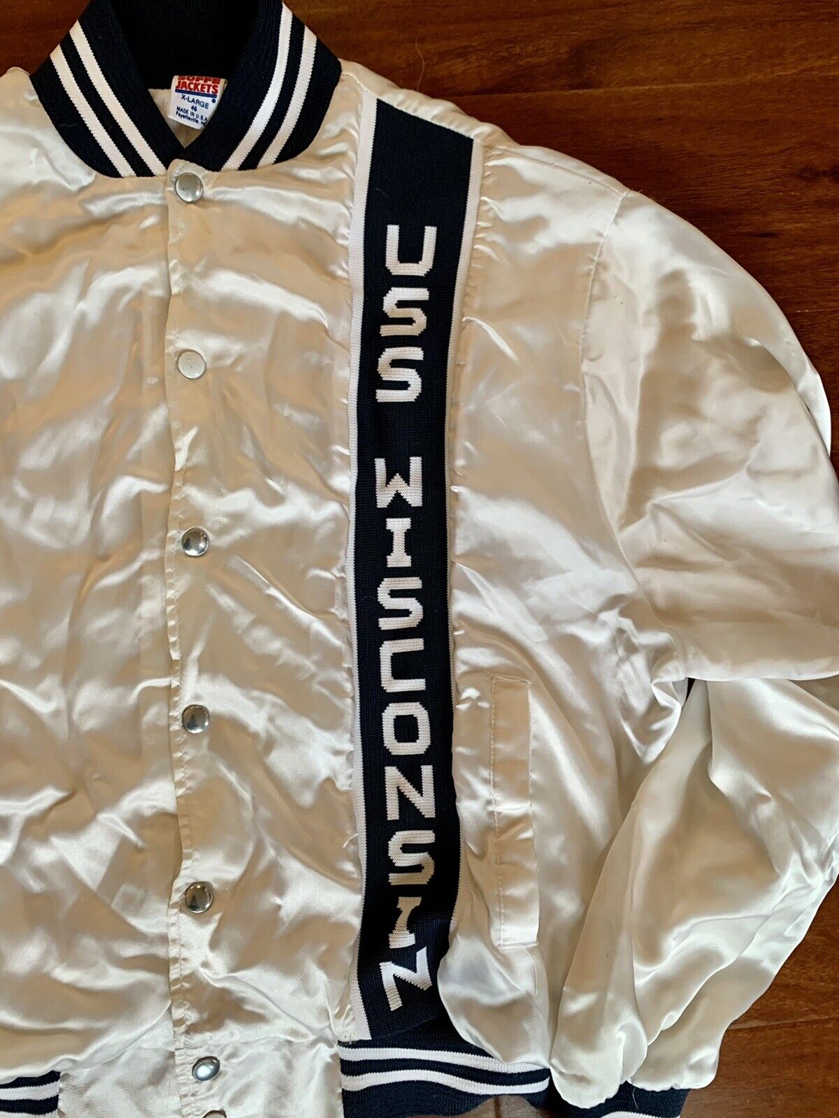Vintage 70s USS Wisconsin Satin Souvenir Baseball Jacket XL Soffe US Navy WWII
