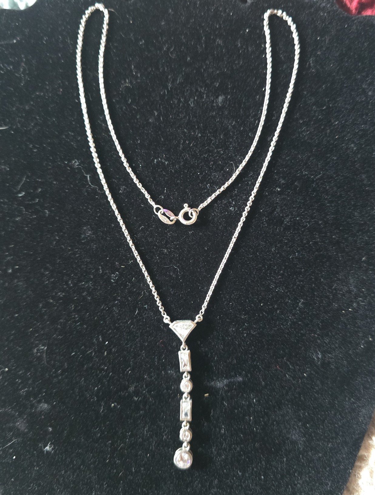 Elegant Silver Tone Geometric Drop Necklace With Clear Cubic Zirconia