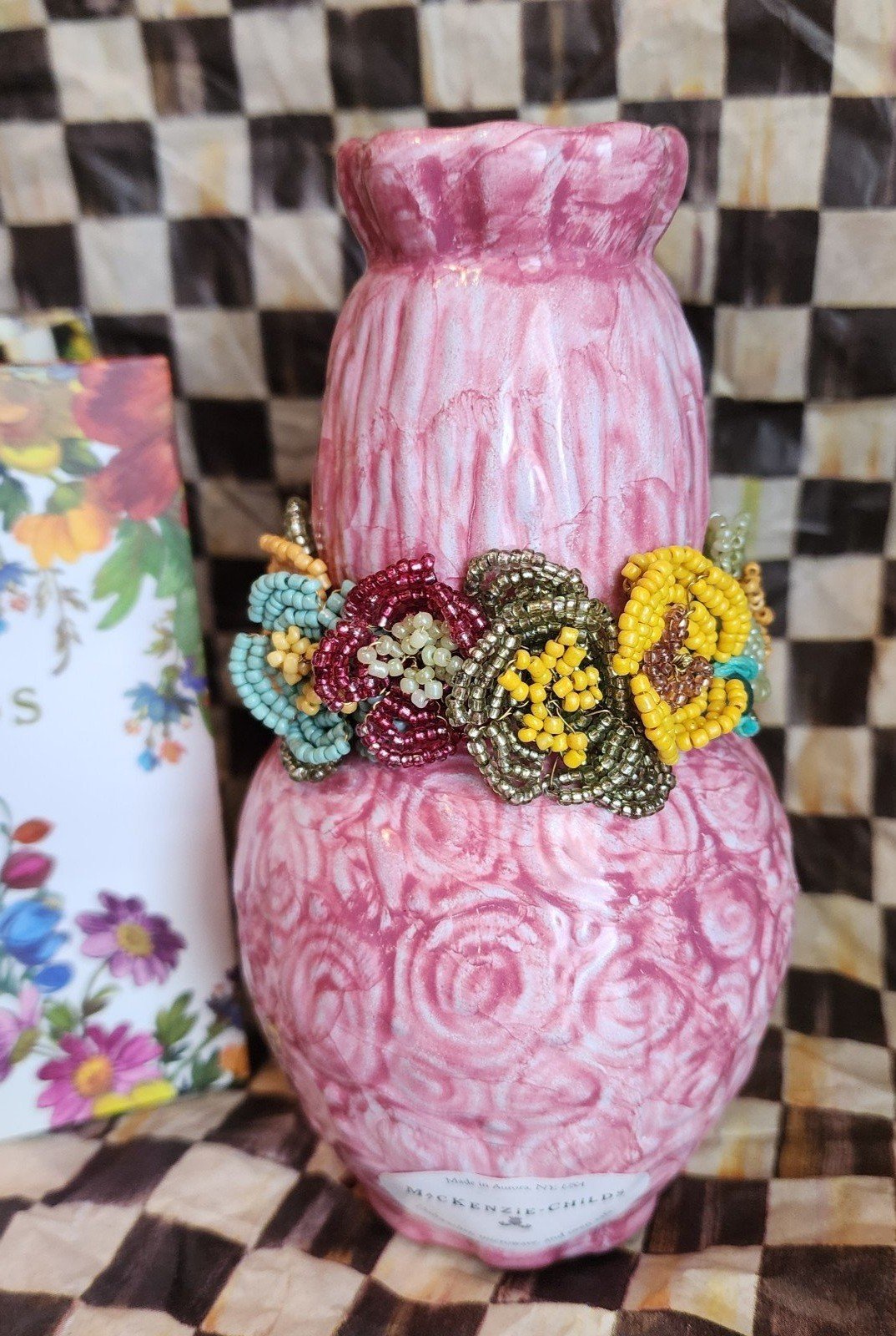 Mackenzie Childs 2019 Cake & Flowers Vase W/ Beaded Decor 6.5