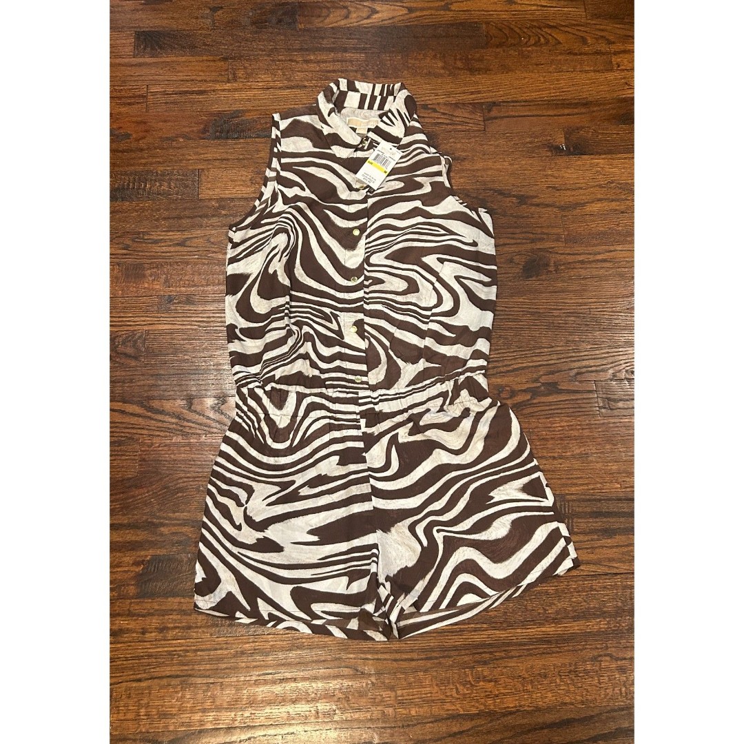 Michael Kors Women's Zebra Romper Sleeveless Brown Chocolate White Medium NWT