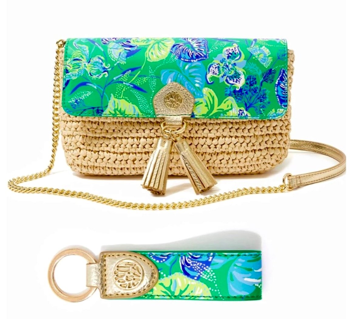 NWT Lilly Pulitzer Botanical Green in a Flutter Straw Crossbody Bag with Keyfob