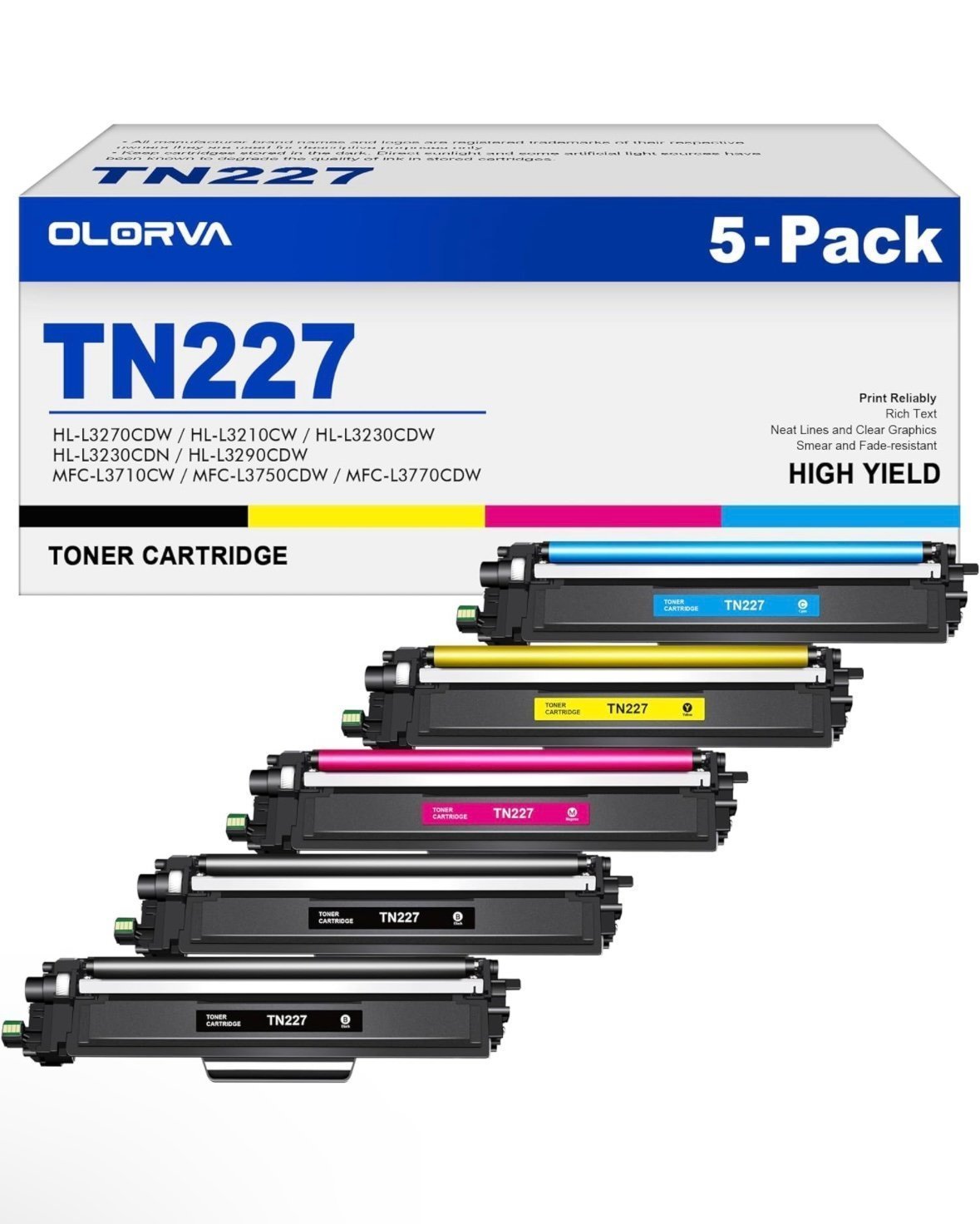 TN227 High Yield Toner Cartridge 5 Pack Compatible for TN-227BK/C/M/Y High Yield