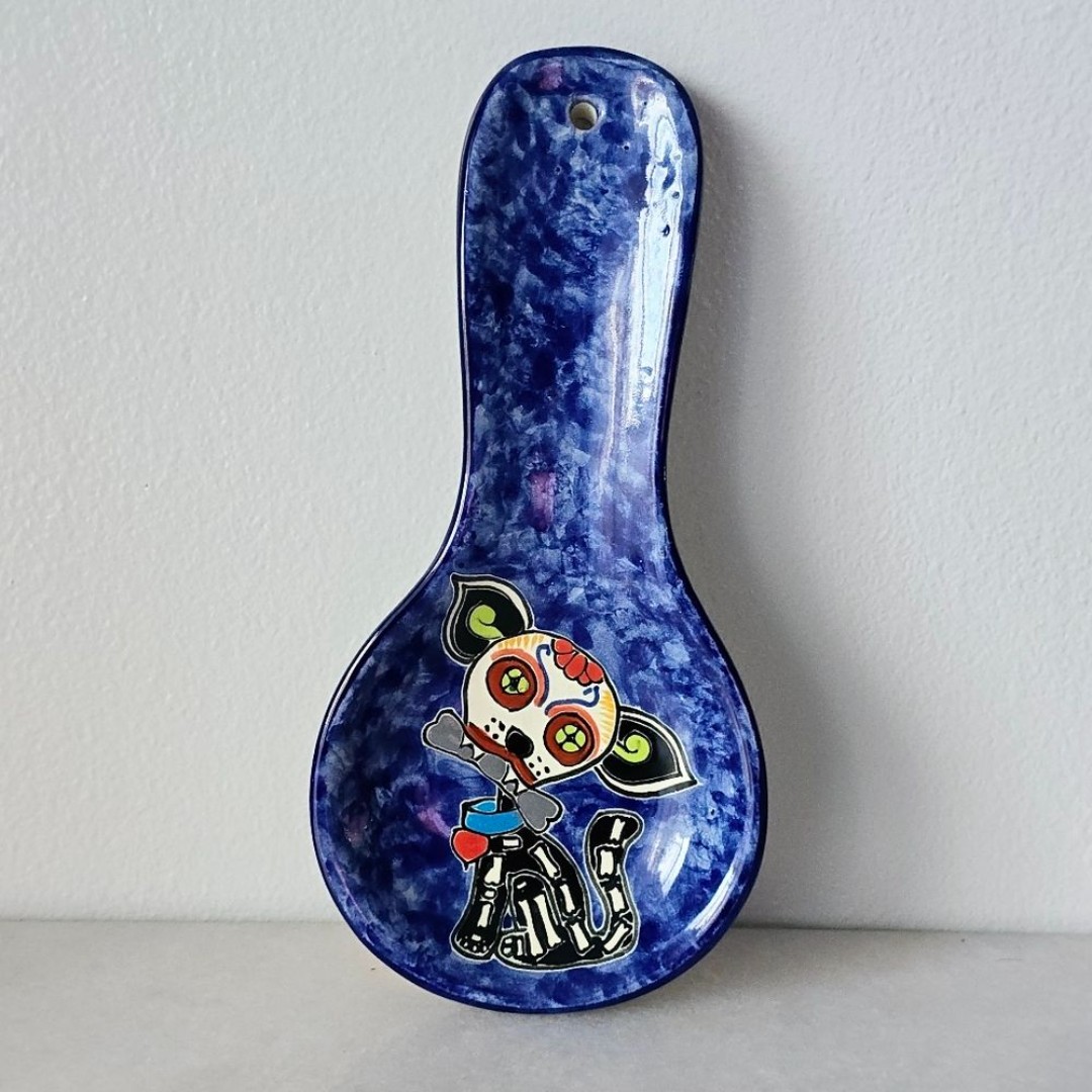 Talavera Spoon Rest Dog Skeleton Mexican Folk Art Handcrafted Ceramic Pottery