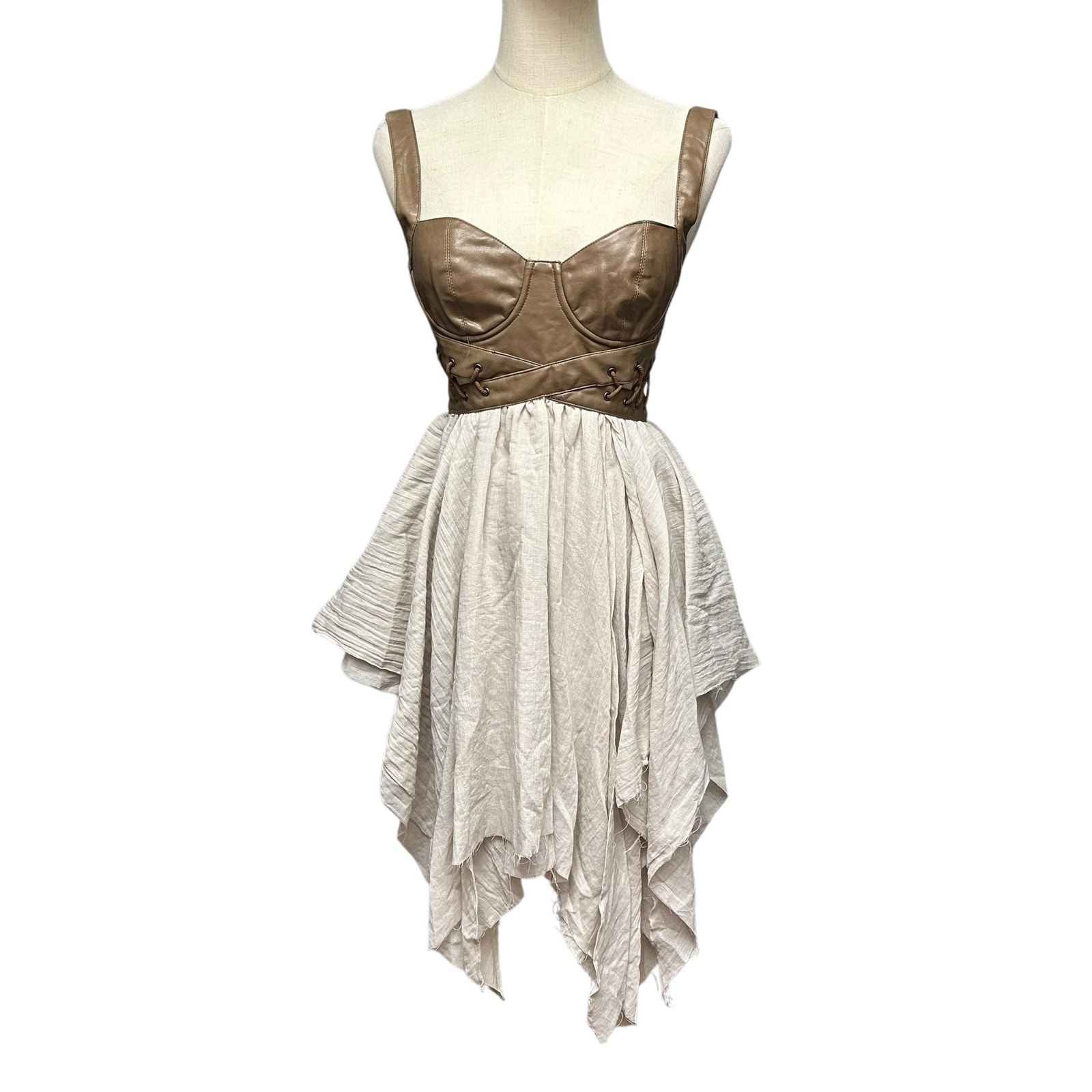 Dolls Kill XXS Darker Wavs Handkerchief Dress Brown Vegan Leather Asymmetrical