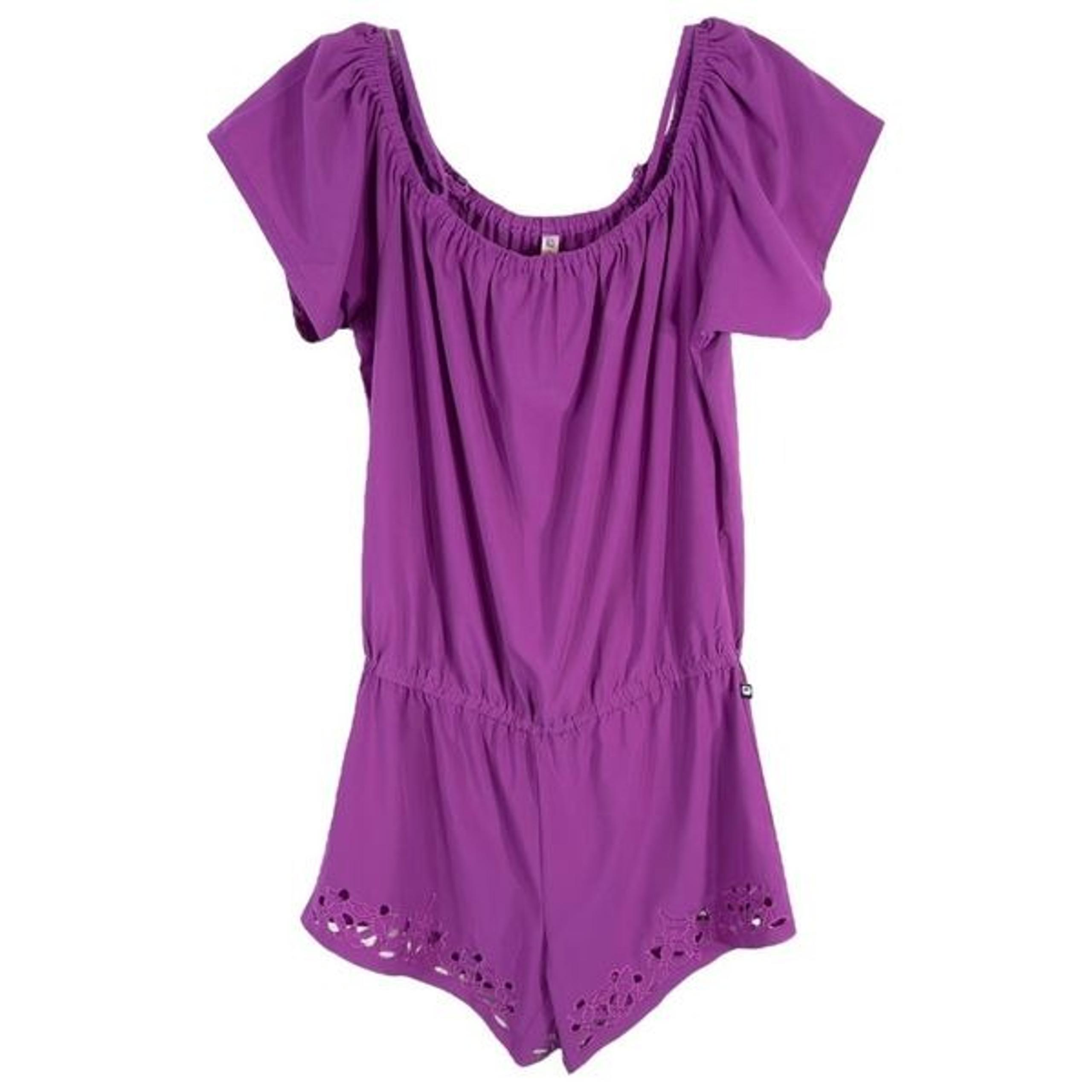 Fabletics XS Romper Perforated Legs Purple Off Shoulder Short Sleeve 1304