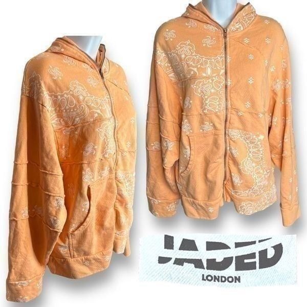 Jaded London Hoodie cut & sew paisley Peach Color Womens XS Full Zip Long Sleeve