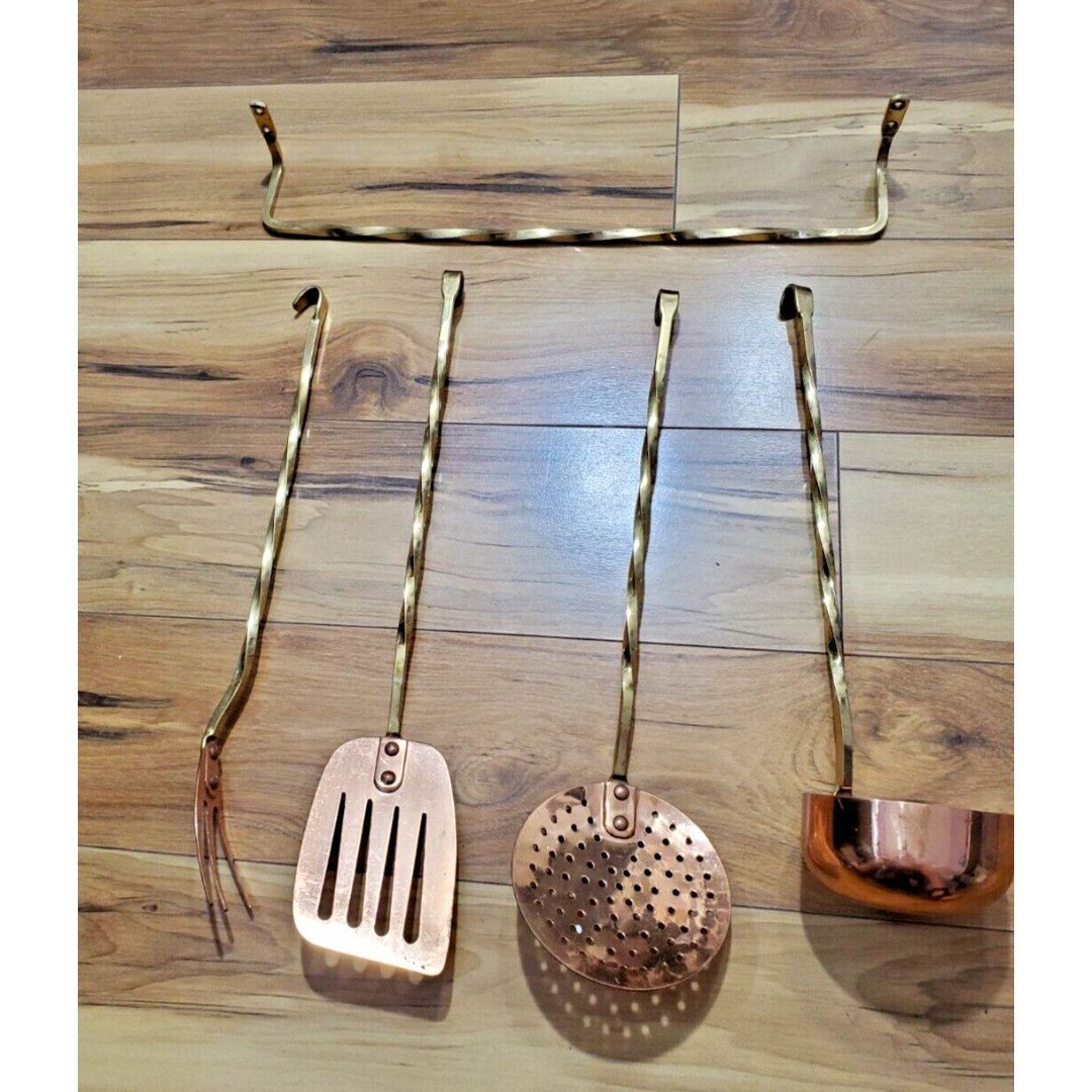 Vtg Copper Kitchen Utensils Set of 4 Spatula, Ladel,Skimmer,Meat Fork and Hanger