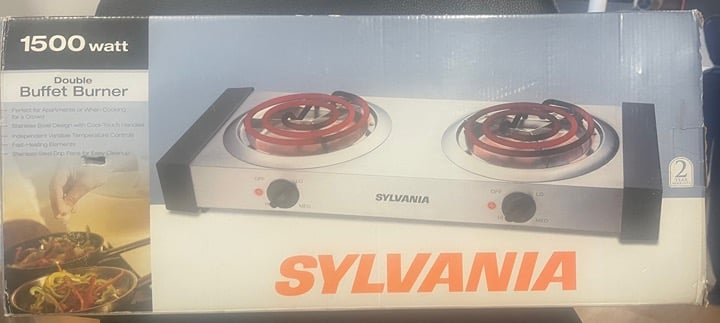 Sylvania 1500W Double Buffet Burner Stainless Steel Design New in Box