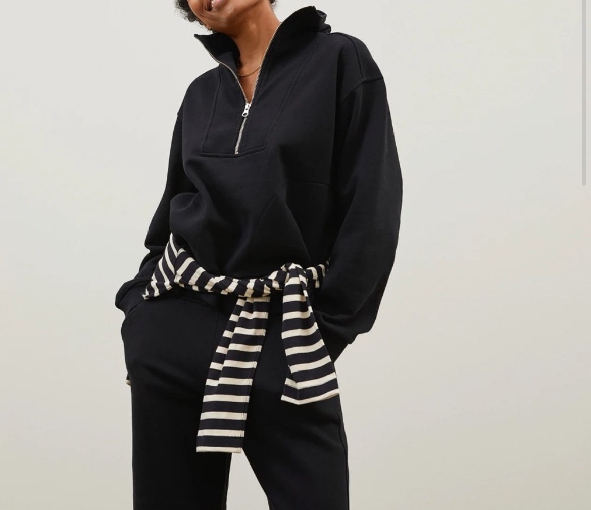 Everlane Sweatshirt Black The Track Half Zip Pullover Crop Cotton Womens Sz XS