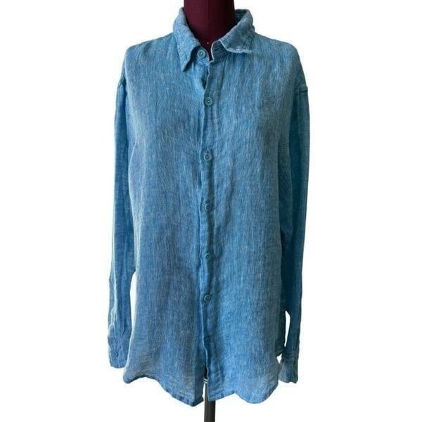 FLAX Linen Button Down Shirt size S Blue