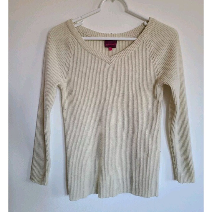 State Cashmere Beige Cashmere Sweater Winter White V Neck Pullover Womens XS-S