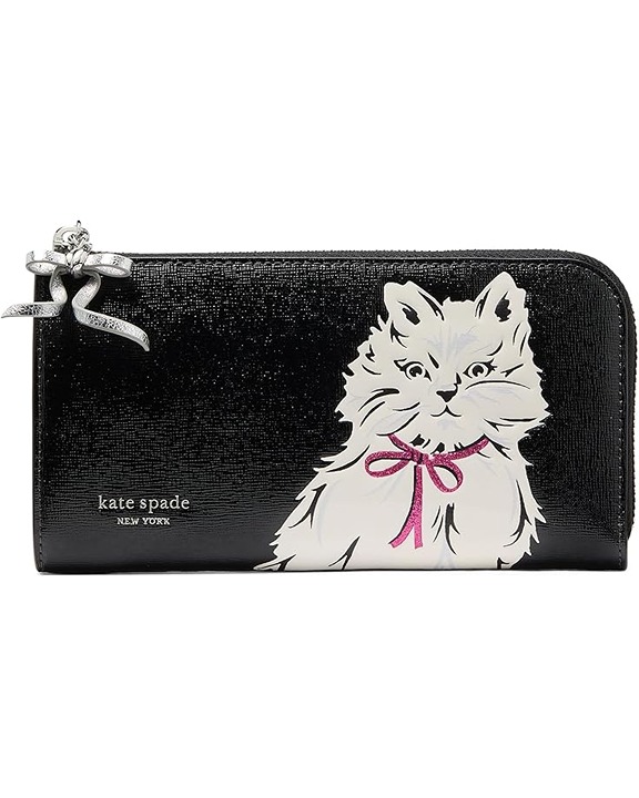 Kate Spade Whiskers Saffiano Leather Zip Around Continental Wallet White Cat Bow