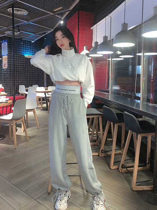 New A Wang King Gray Waistband Sports Trousers High Waist Pants Letter Elastic W