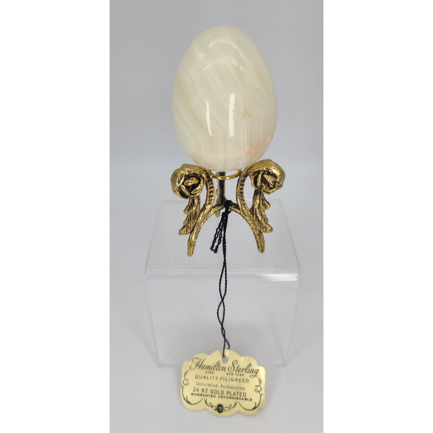 Vintage Agate Quartz Crystal Egg & Hamilton Sterling 24k Gold 3-Leg Stand 4 T