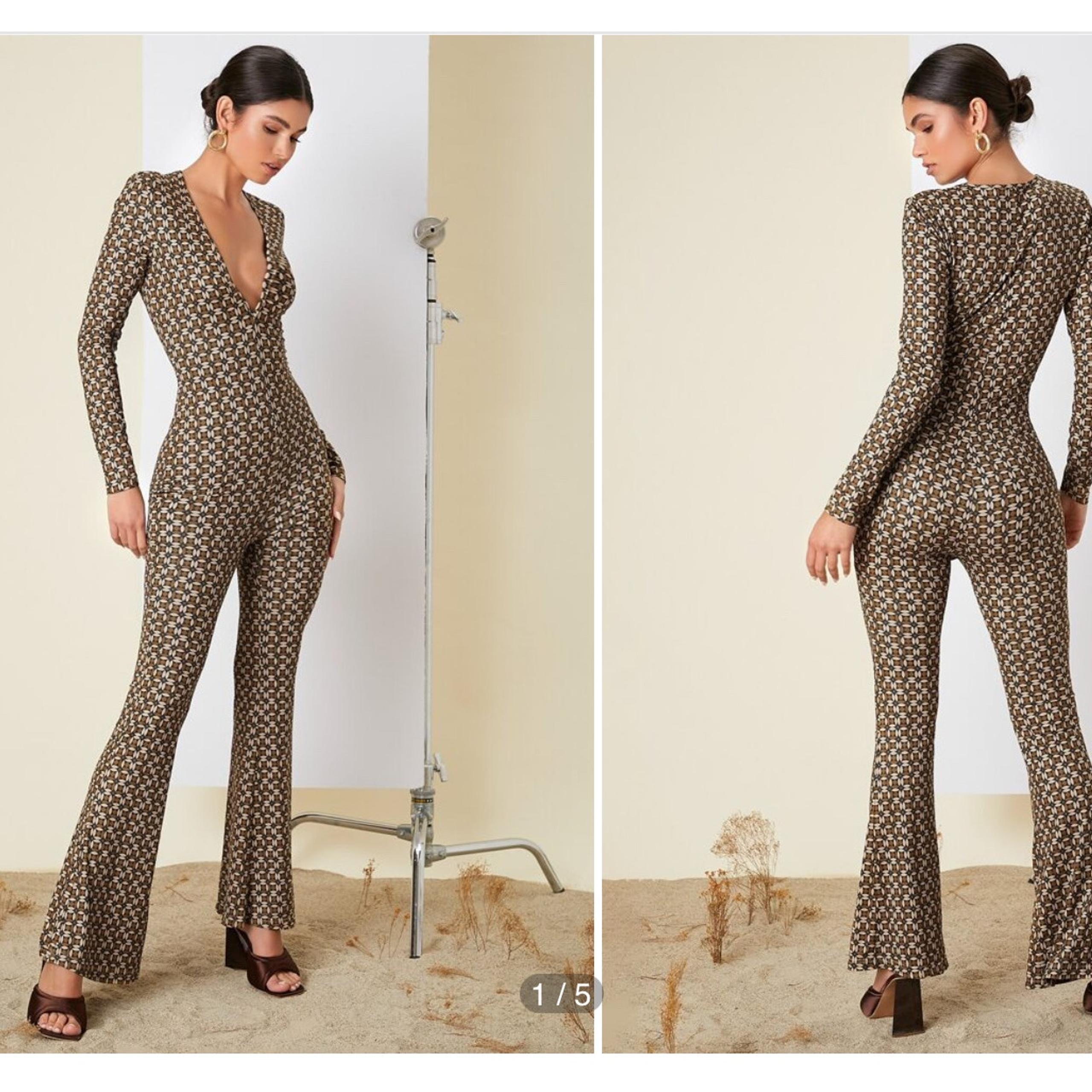 Graphic Print Deep V Neck Jumpsuit wide leg 70's style stretch geometric SZ XS