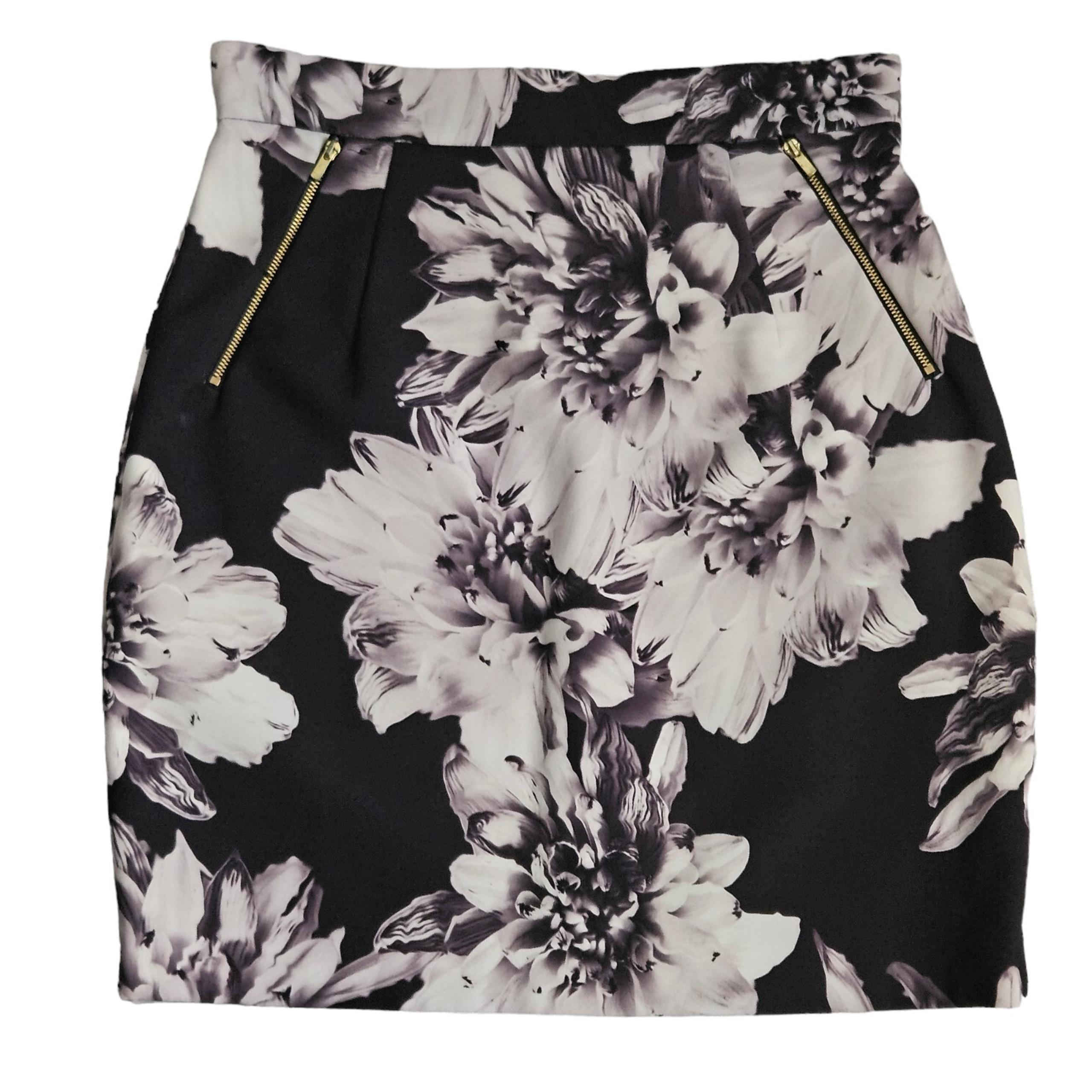 H&M Back Zipper Knee Lenth Black & White Floral Pencil Skirt Women's Size 10