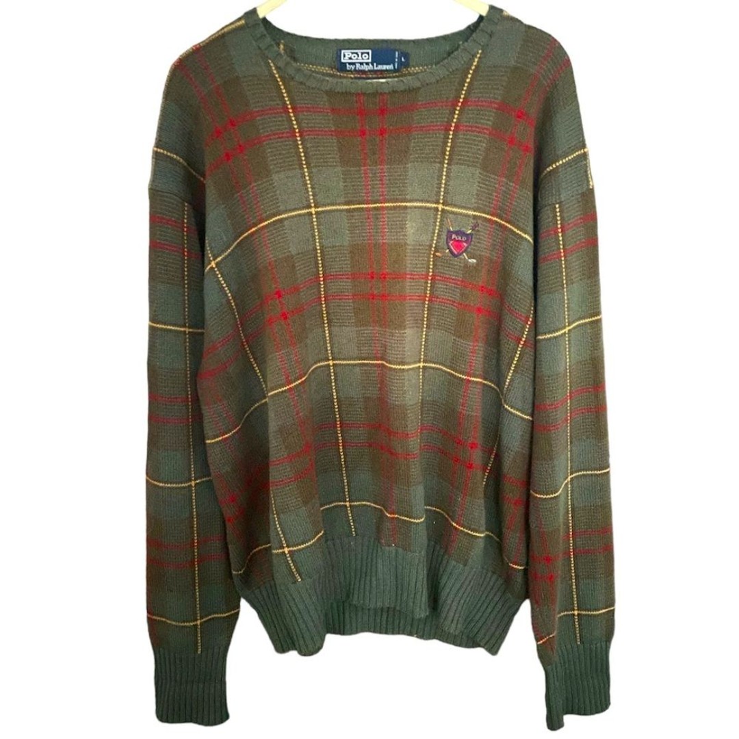 Polo Ralph Lauren sweater mens green brown plaid cotton knit sweater size large