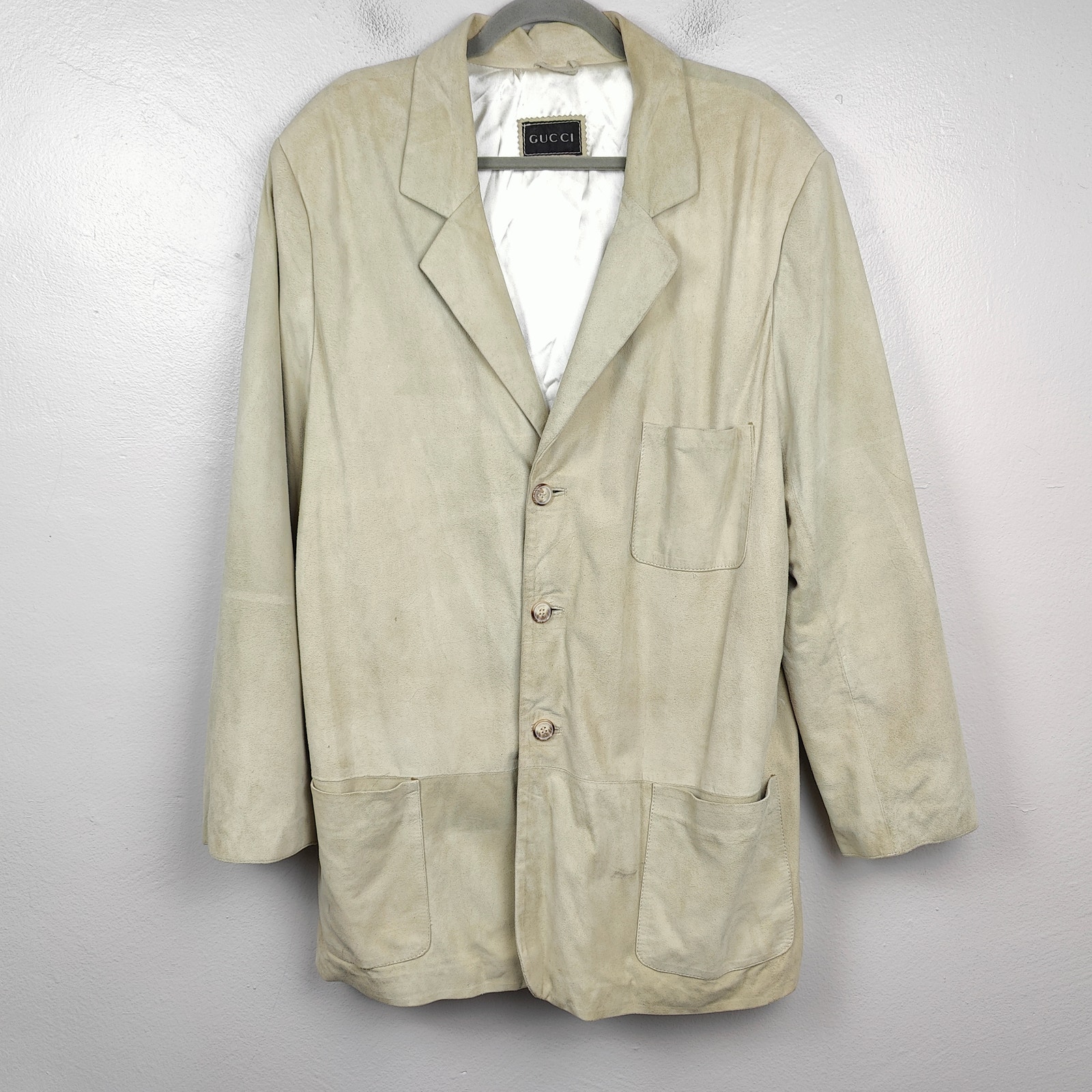 Vintage Goat Suede Blazer Mens 46 Light Beige Leather Suit Jacket 3 Button