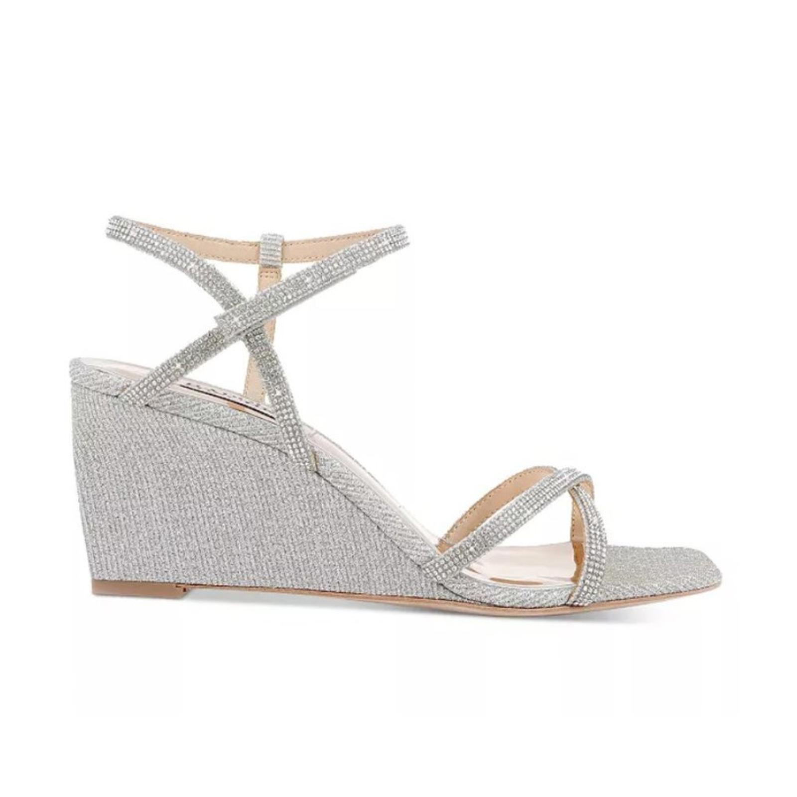 Badgley Mischka Reagan Square Toe Mini Crystal Embellished Wedge Sandals Sz 9.5