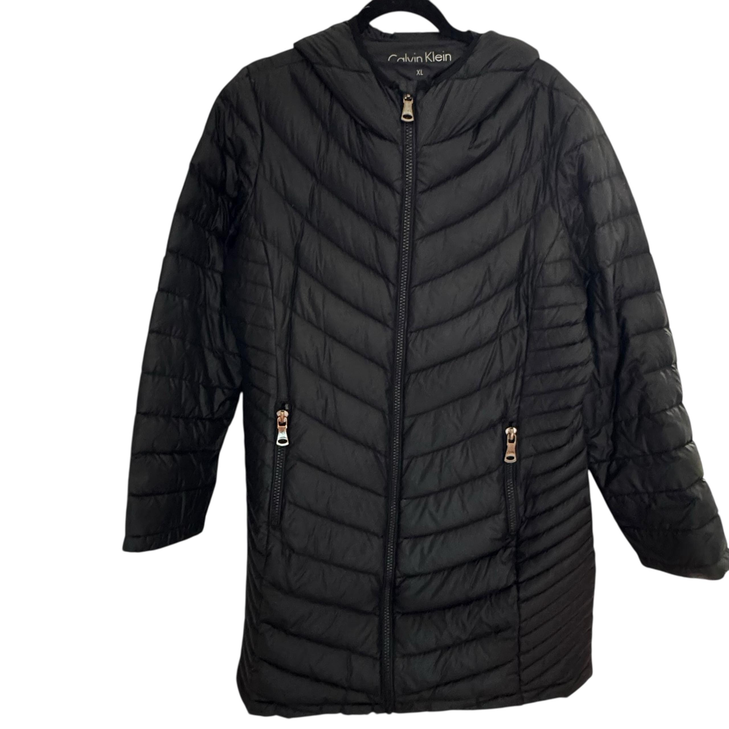 Calvin Klein Women’s Black Puffer Coat Size XL Hooded Full Zip Quilted Jacket