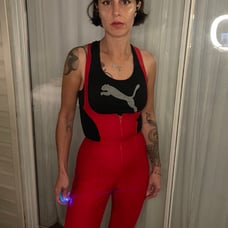 Sexy Flanders Perfect lipstick red 80s 90s racerback SKI snow overalls tight