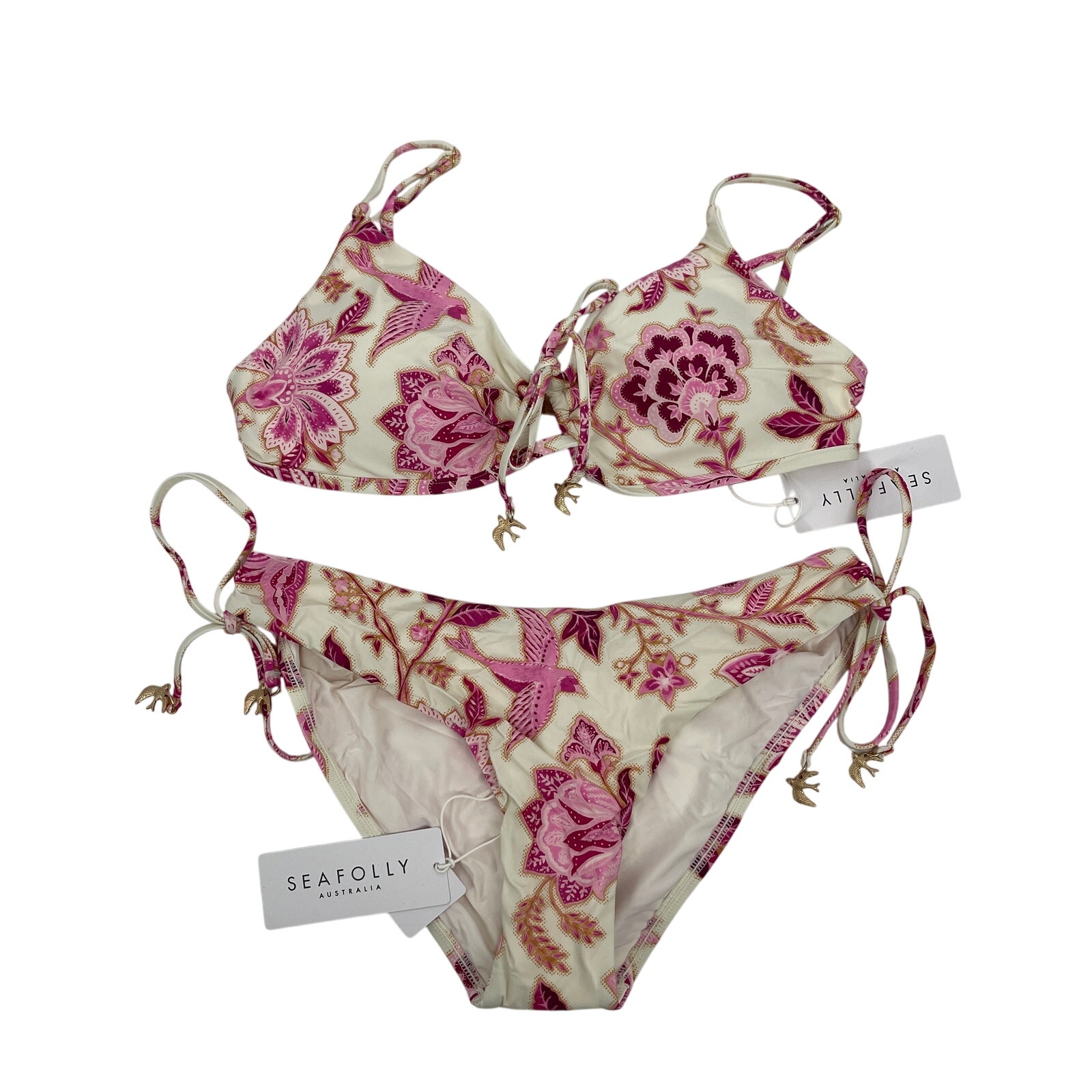 Seafolly Silk Road Bikini Bottom & Drawstring Keyhole Bralette Swimsuit 10 NWT
