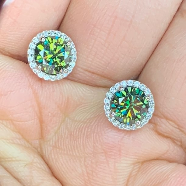 S925 2CT Green Moissanite Studs, GRA Certified