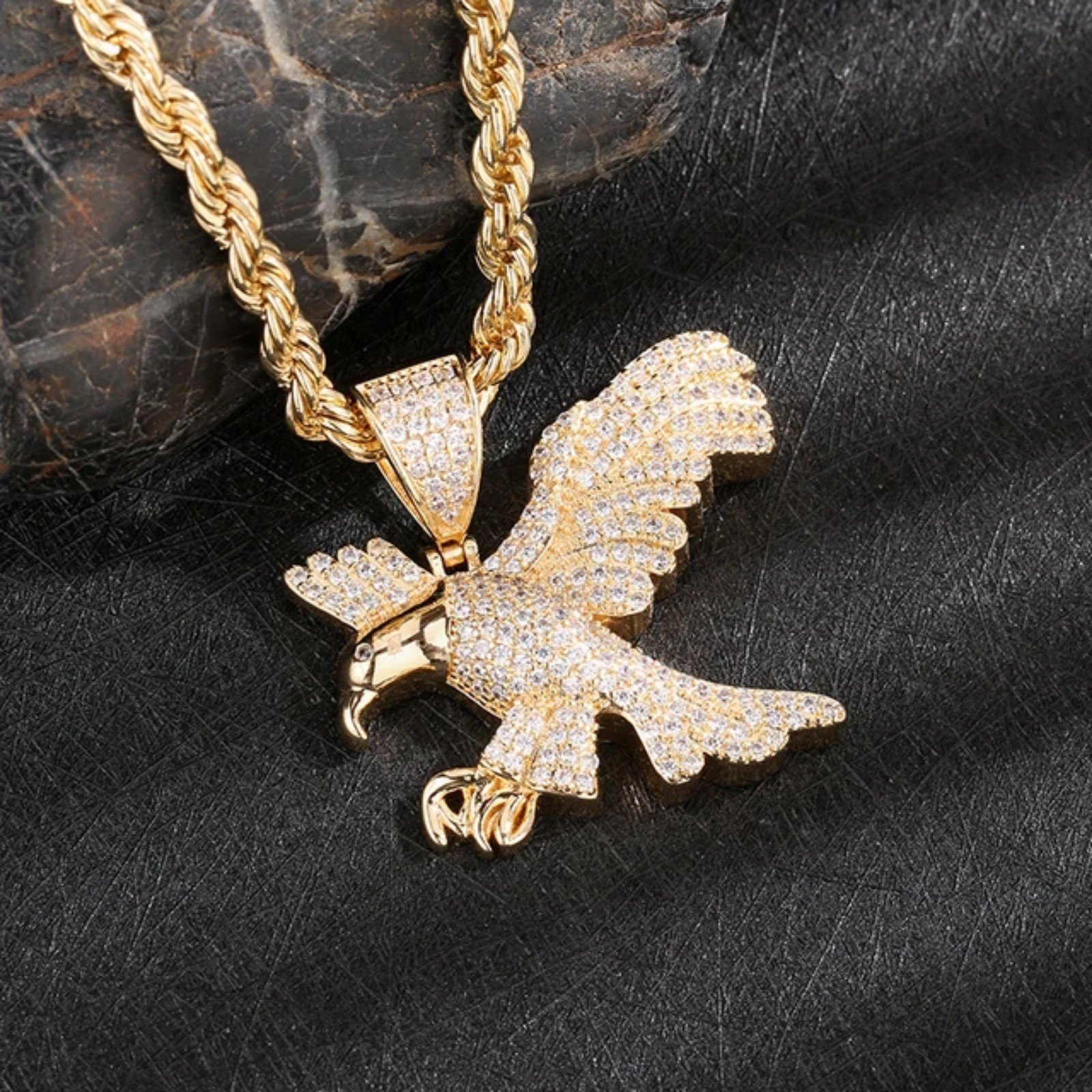18K GOLD NECKLACE BIG EAGLE PENDANT ICED OUT DIAMONDS WITH FREE GOLD ROPE CHAIN