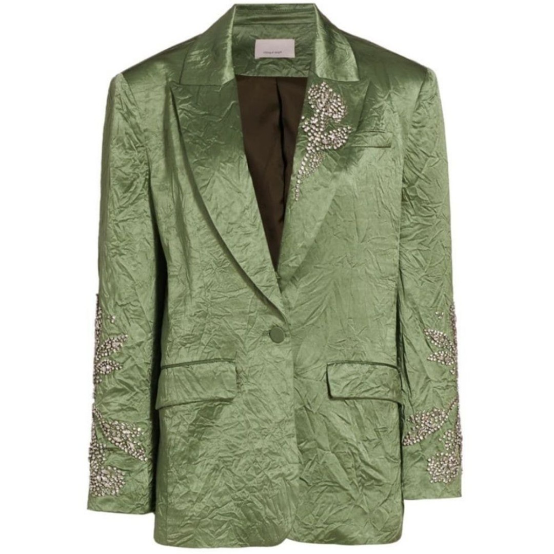 Cinq A Sept Cheyenne Crystal Embellished Crinkle Satin Blazer Jacket Green SZ 12