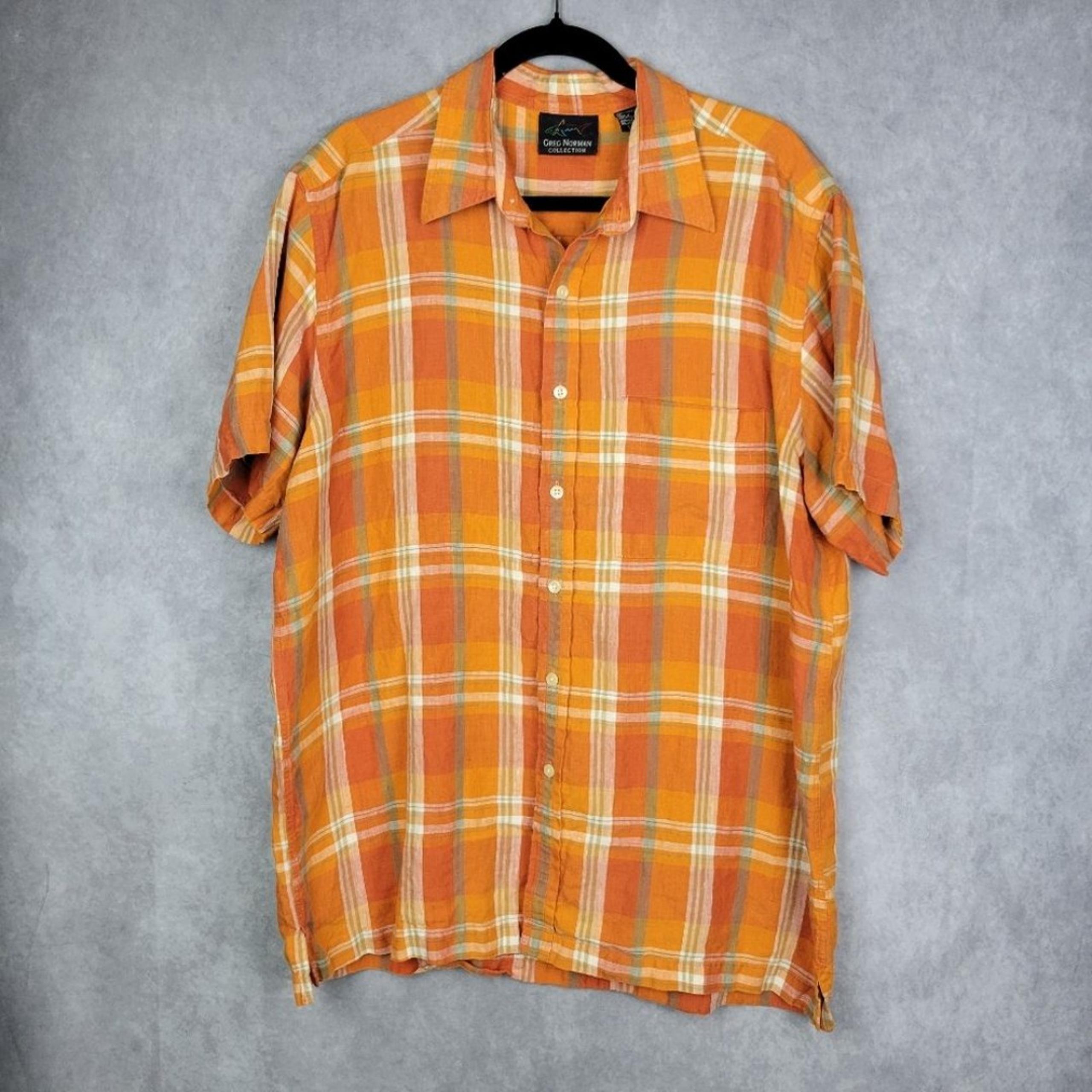 Greg Norman Mens Linen Shirt Short Sleeve Button Down Checked Size L