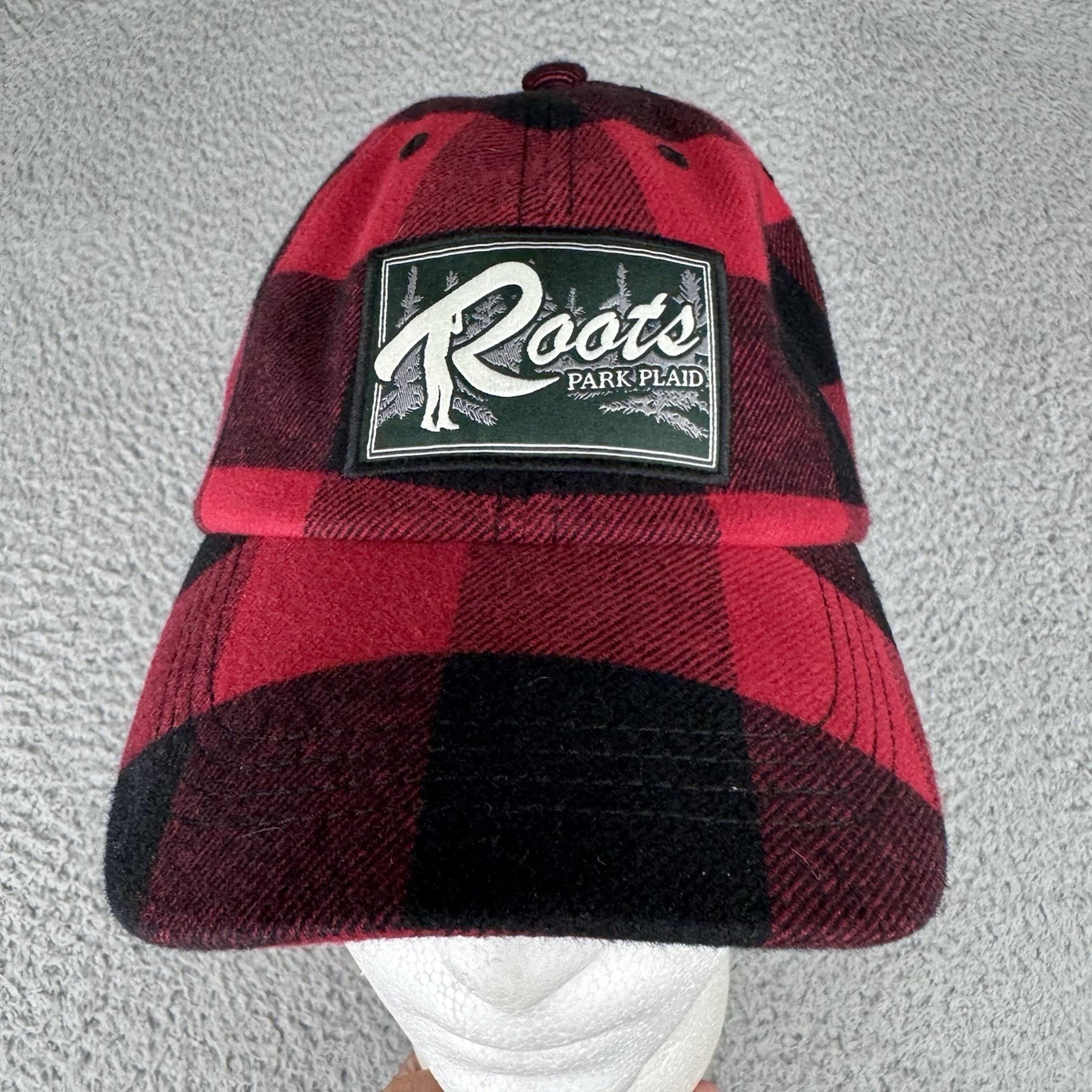 Roots Canada Park Plaid Logo Hat Mens Strap Back Baseball Cap OSFA Black Red