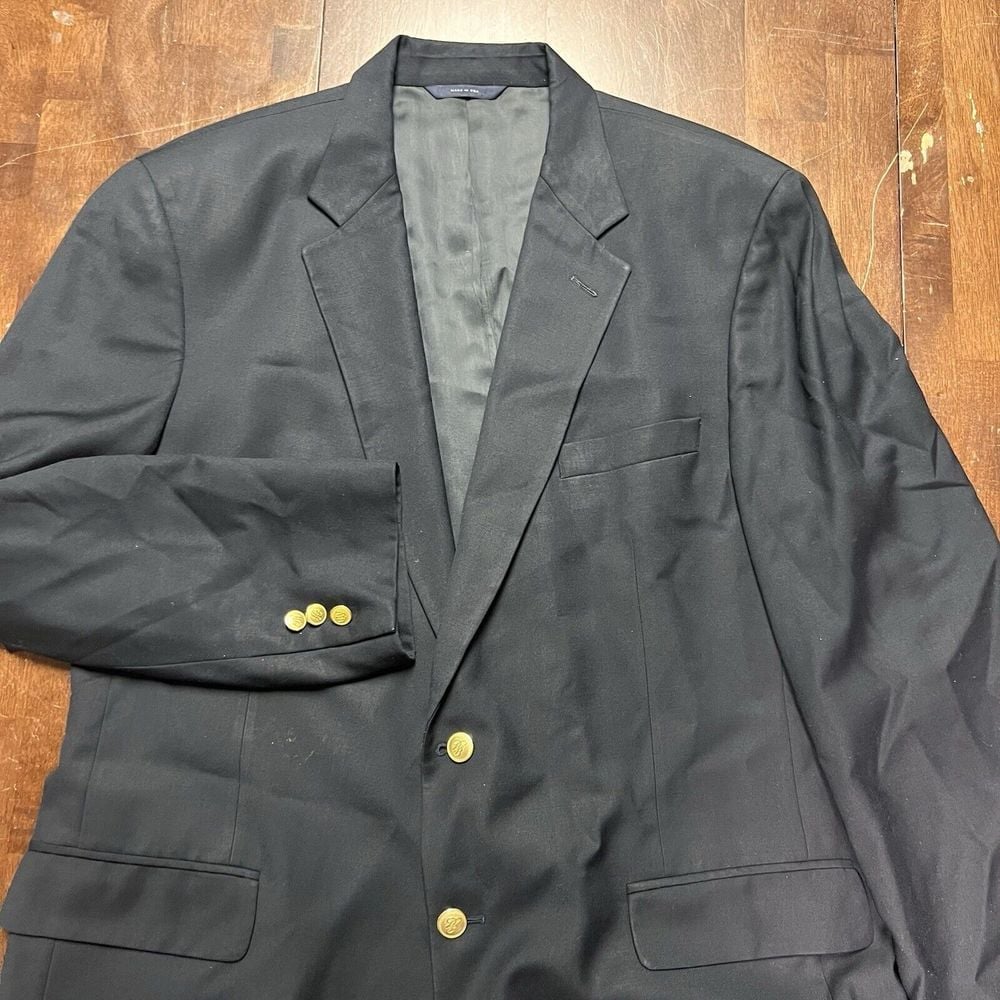Brooks Brothers Brooksease Men Blazer 44L Gold 3 Buttons Navy Blue Wool USA Made