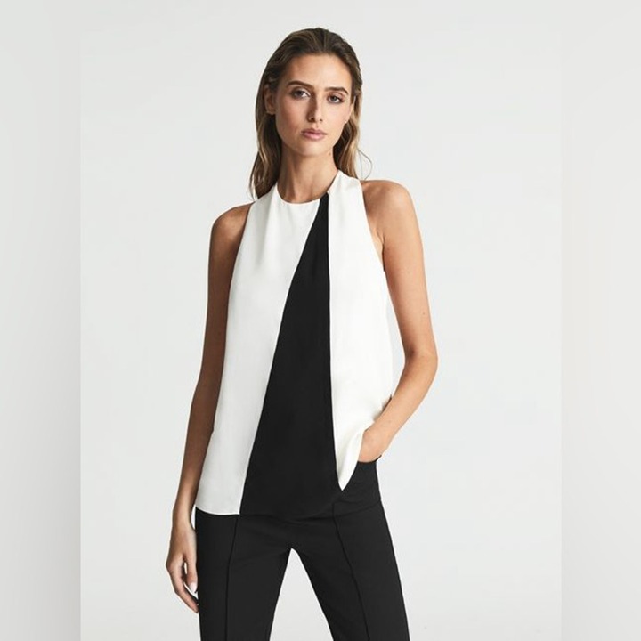 REISS SHARON COLOURBLOCK SLEEVELESS TOP BLACK AND WHITE SIZE 6